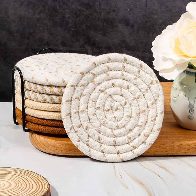 Drink Coasters Set of 8, 4 Colors Absorbent Coasters for Drinks, Minimalist Cotton Woven Coaster for Living Room Decor, Fall Home Decor, 4.3 Inches