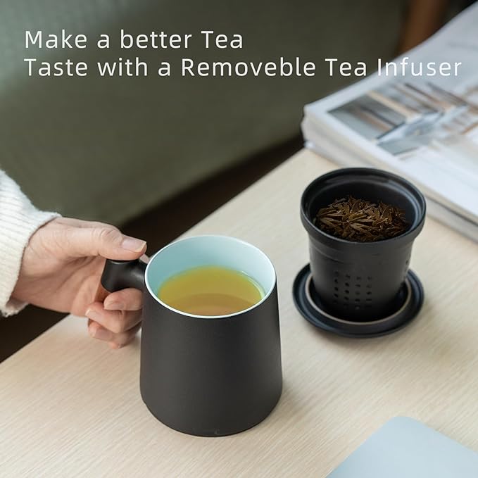 ZENS Tea Cup with Infuser and Lid for Loose Leaf Tea Steeper, 12oz Black | Embossed Ceramic Tea Infuser Mug with Fine Strainer for Herbal Tea Lovers Gifts, Vintage Wood Handle