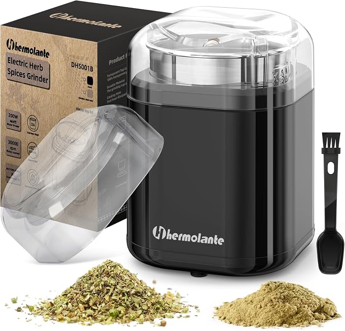 Hermolante Herb Grinder Spice Grinder, 200 w Herb Grinder with Stainless Steel Blade and Cleaning Brush, Compact Size Electric Grinder for Herbs and Spices -5.11in (Black)