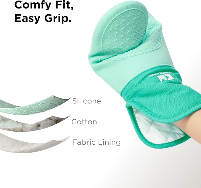 Kitchen Mama UltraShield Silicone Oven Mitts, Teal | Heat Resistant, Non-Slip Surface, Waterproof, Flexible, Durable