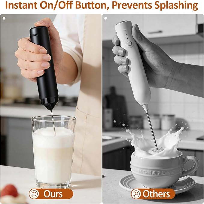 Rechargeable Milk Frother Handheld Electric Coffee Drink Mixer Wand with Stainless Steel Whisk and Portable Case for Cappuccino, Latte, Matcha, Hot Chocolate Black