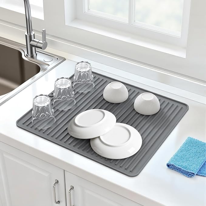Songrey Silicone Dish Drying Mat for Kitchen Counter, 18" x 16", Beige | Drying Pad for Sink Dishes or Under Rack, Multi-Use as Heat Resistant Trivet, Coffee Bar Mat