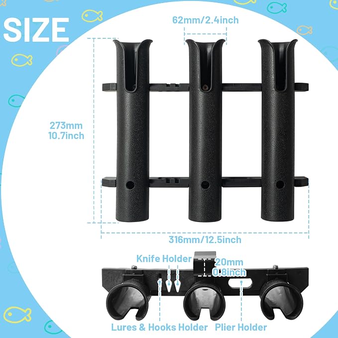 Cooler Fishing Rod Holder, Wall Mounted Fishing Pole Holder, 3 Link Fishing Rod Rack Compatible with YETI Coolers and for RTIC Coolers, Cooler Accessory, Medium, Black