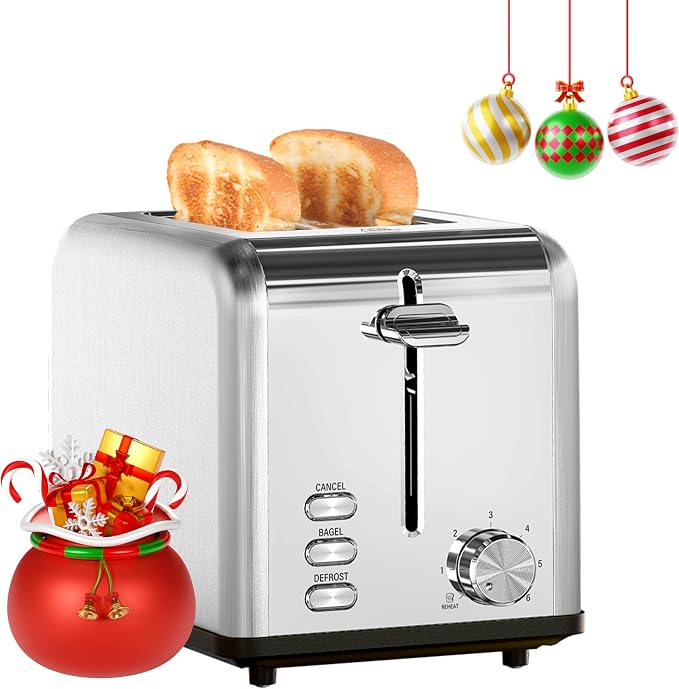 HealSmart 2-Slice Stainless Steel Toaster, 6 Browning Setting and 3 Function Toaster, Extra Wide Slot & Removable Crumb Tray, for Bread & Waffle, Silver