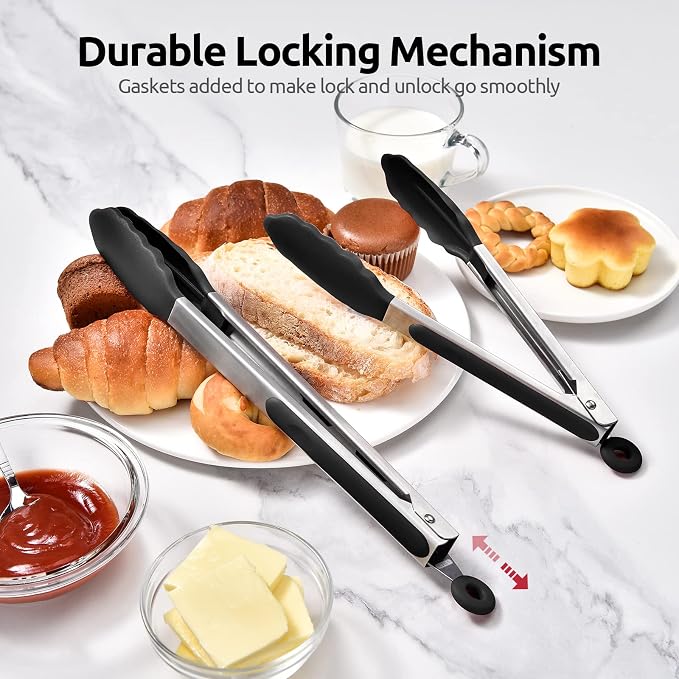 U-Taste Kitchen Tongs for Cooking, 600ºF Heat-Resistant Silicone, 2Pc/Black | Tong Utensils Set 9/12in, Salad/Grill/BBQ Plastic Tong for Food Serving, Rubber Tipped Tong with 18/8 Stainless Steel Handle