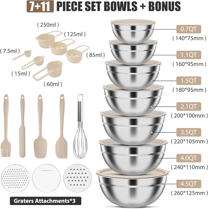 ENVTEK 7-Piece Stainless Steel Mixing Bowls Set with Lids & 3 Grater Attachments – Size 4.5, 4, 3.5, 2.1, 1.5, 1.1, 0.7QT, Kitchen Gadgets Set for Cooking, Baking, and Serving, Khaki