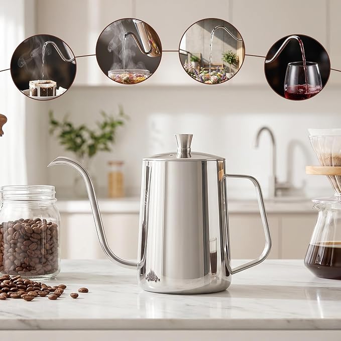 PARACITY Pour Over Kettle, 20 oz Stainless Steel Camping Drip Coffee Pot | Long gooseneck spout controls flow for even brewing; the hanging-ear handle and lid suit coffee or tea at home or outdoors