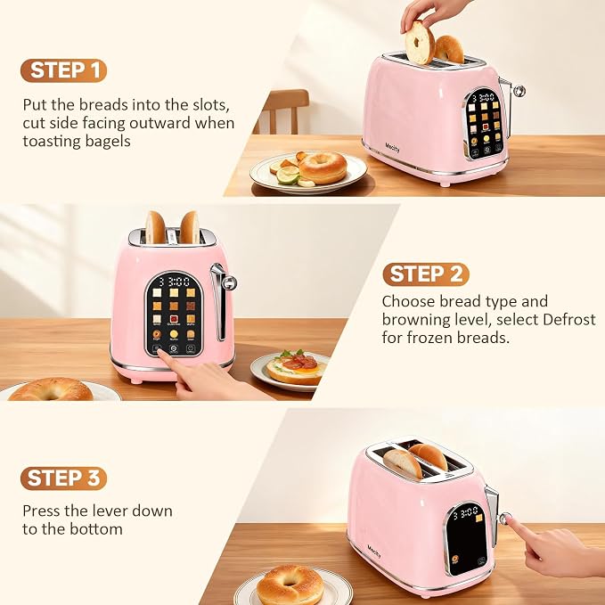 Mecity Toaster 2 Slice, Touch Screen Wide Slot Retro Toaster For Breads Bagel Muffin Waffle, House Warming Gift New Home, 120V 825W, Pink Color