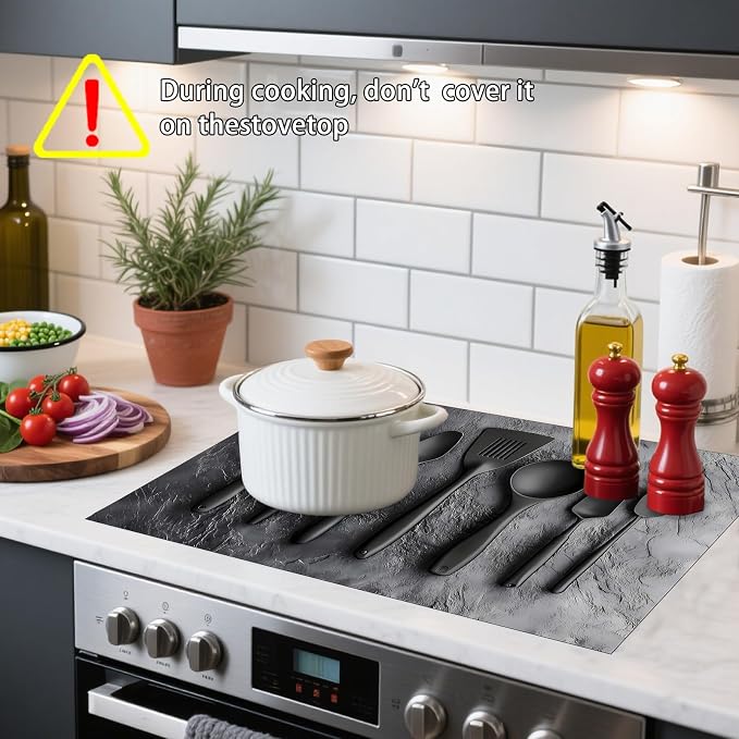 Nuxovilar Stove Top Cover Cooktop Mat 28.3x20.4in Polyester Diatom | Electric Guard Range Countertop Pad Burner Protection Sheet Kitchen Decor Cooking Space Home Accent (Black Utensils)