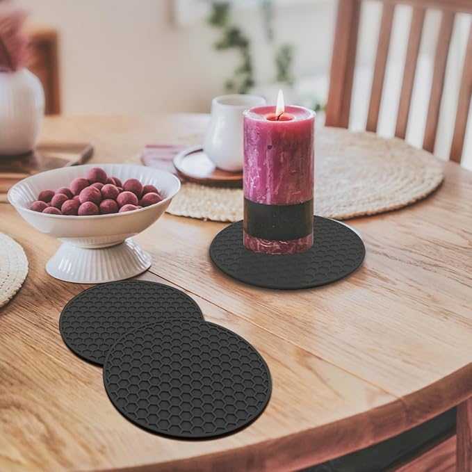 Silicone Non-Slip, Heat Resistant & Water-Trapping Trivet Mats for Water Glasses & Teacup & Coffee Cup & Dishes & Cookware, Multipurpose Kitchen Table Coaster, 3.5-Inch, Black