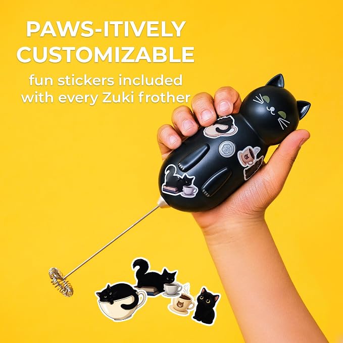 Cat-Shaped Frother Mixer – Cutesy Frother, Meet Your New Frothing Buddy Midnight The Cat, Adoption Papers and Stickers Included, Purrr-fect for Lattes, Cappuccino & Matcha – Black