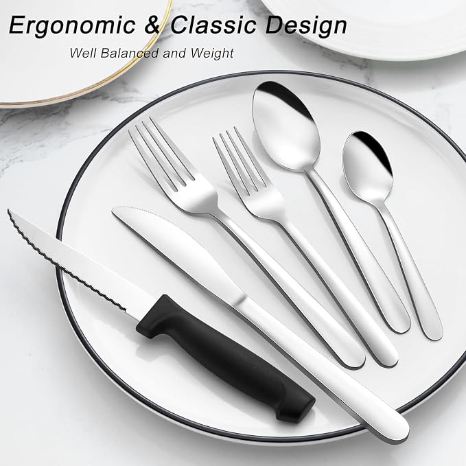 Pleafind 24-Piece Silverware Set - Stainless Steel Cutlery Set with Steak Knives, Forks, Spoons and Knives, Flatware Set for Home or Restaurant Use, Mirror Polished & Dishwasher Safe