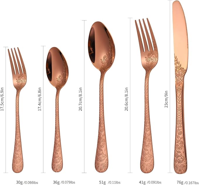 Vintage Flatware Copper/Rose Gold Floral Silverware 30 Piece Stainless Steel Set for 6 Cutlery Utensils Unique Embossed Pattern Design Elegant Home Kitchen Restaurant Festival Parties