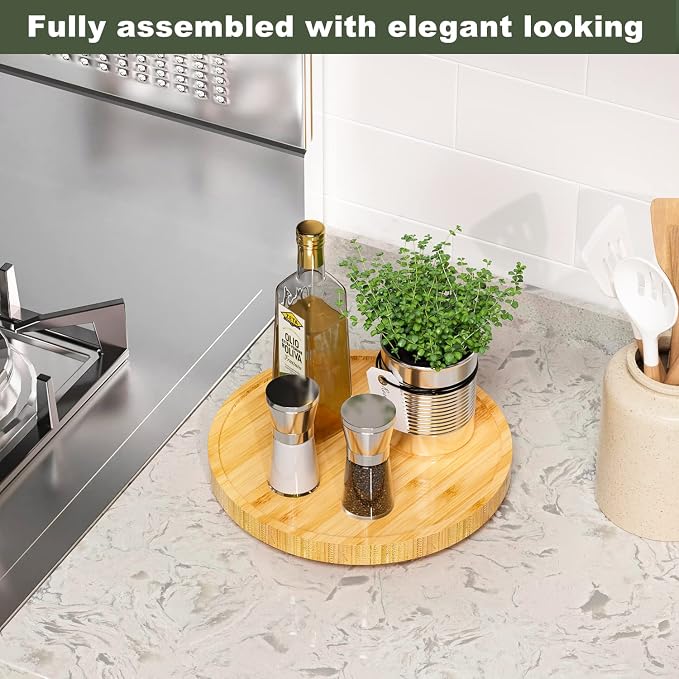 Lazy Susan Organizer, 10 Inch Non-Skid Bamboo Turntable Organizer | Salt Pepper Olive Oil and Spices Next to Stove, Wooden Lazy Susan for Table or Kitchen Countertop Organizer