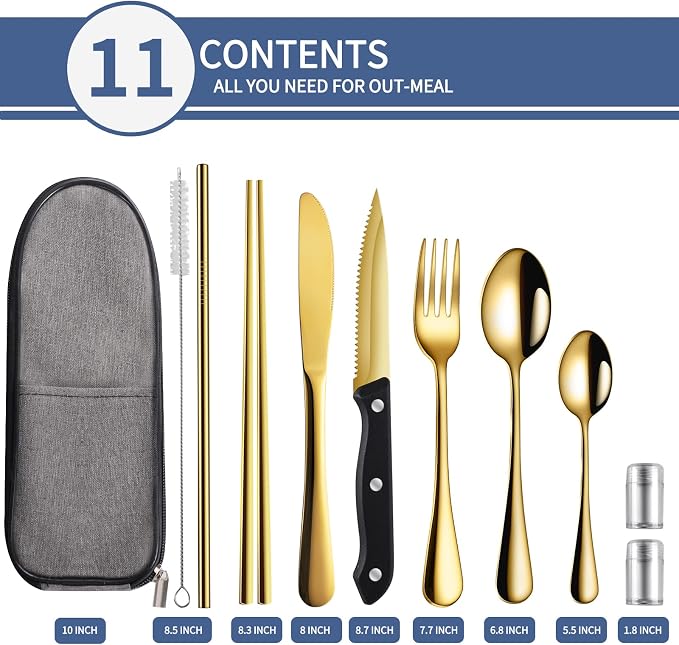 Logcow Travel Utensils with Case,Reusable Utensils,Portable Travel Camping Cutlery Set,Stainless Steel Flatware Set,Lunch Boxes Workplace Camping School Picnic (Gold)