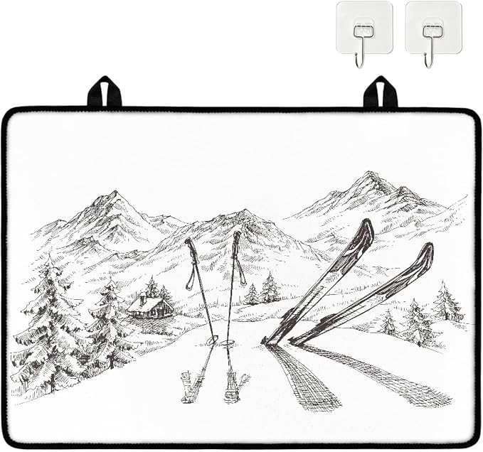 Winter Mountains Panorama Stove Top Covers for Electric Stove, White Sketch Glass Stovetop Cover with Lanyard Snowy Cottage Ski Pattern Countertop Protector Mat for Kitchen 28 x 20 Inch