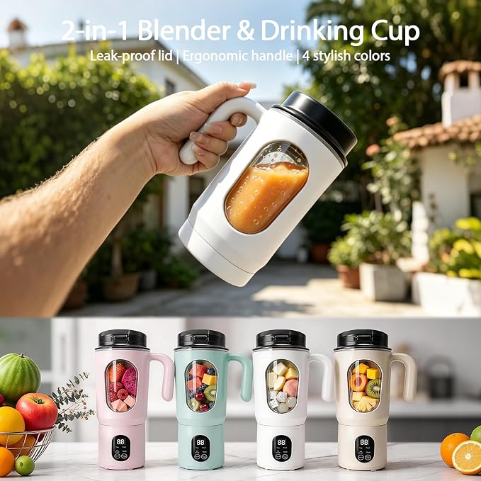 Personal Blender for Smoothies, 580ML USB-C Rechargeable | Portable Blender Cup, 12-Blade Smoothie Maker with Travel Lid, Handle & LED Display for Gym, Office, Travel and Outdoor
