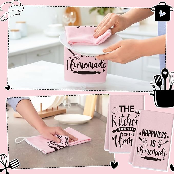 4 Pcs Pink Kitchen Towels Happiness Hand Tea Towels | Absorbent Heart of The Home Quote Decorative Dishcloths with Hanging Loop for Home Housewarming Gift Funny Kitchen Decor