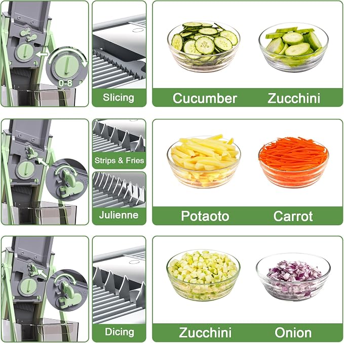 All-in-1 Safe Mandoline Slicer for Kitchen, Food Chopper with Container | 0.1-8mm Thickness Vegetable Chopper, Safe Mandoline Slicer, Potato French Fry Cutter Tomato Apple Slicer Onion (Green)