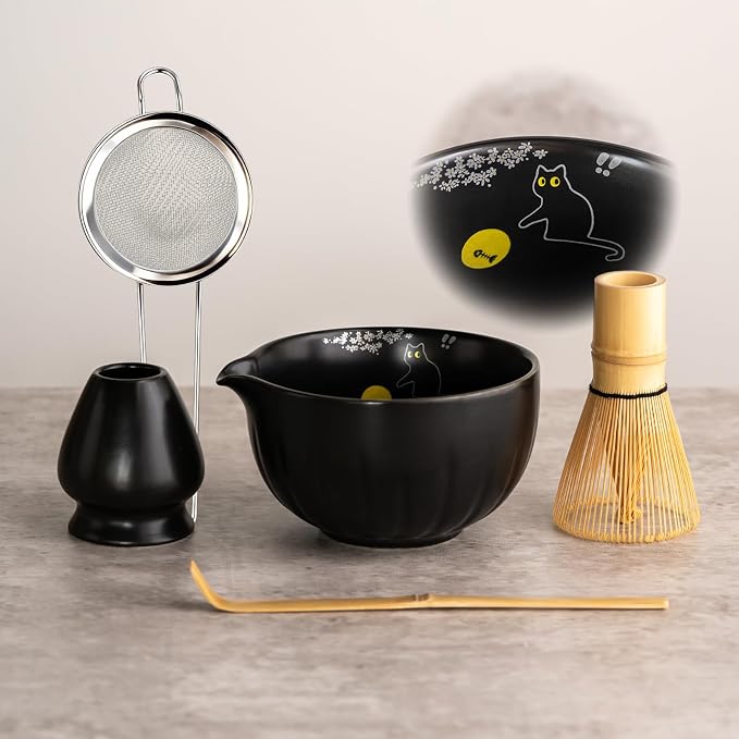 TANG PIN Premium Matcha Set - Japanese Traditional Matcha Making Kit | Matcha Bowl (Chawan), Bamboo Whisk (Chasen) & Holder - Complete Matcha Maker Starter Tools for Matcha Tea & Latt (Cat)