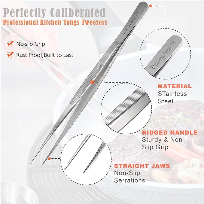 Professional Culinary Stainless Steel Precision Tongs with Serrated Tips, Plating/Food Presentation Detailing Serving Tongs, Chef's Kitchen Tweezer Tongs - Ultra Non-Slip Grip (8" STR Slim)