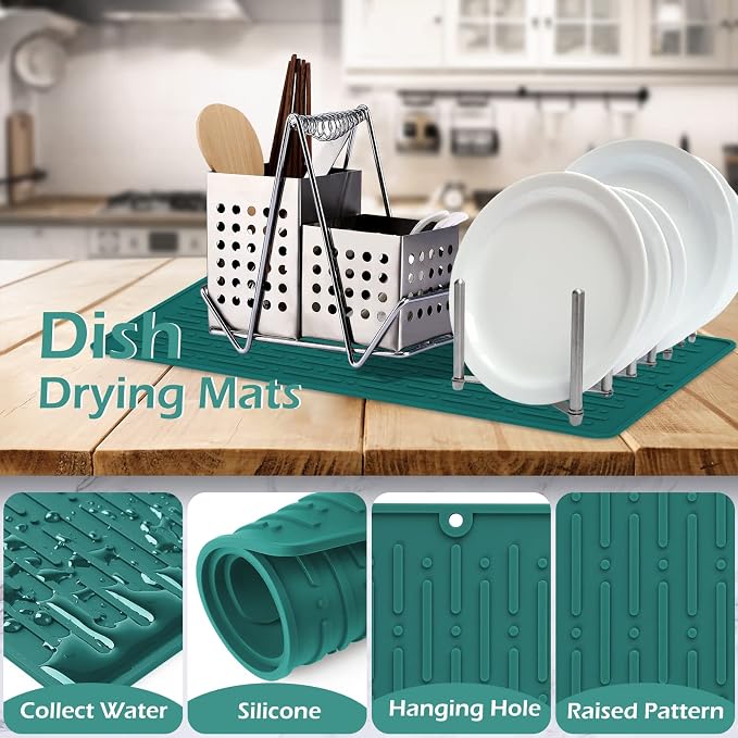 Dish Drying Mats, Heat-resistant Silicone Mat for Kitchen Counter, Non-Slip Dish Dry Mat Dishwasher Safe Large, Turquoise