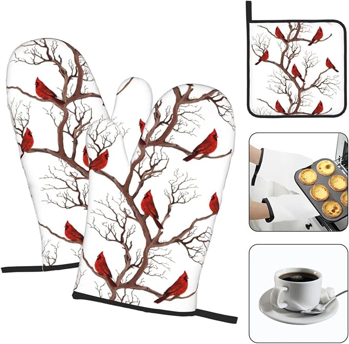 Winter Cardinal Birds Oven Mitts and Pot Holders Sets of 3 Hot Pads | Heat Resistant Washable Oven Gloves for Cooking Grilling Baking Christmas Holiday Kitchen Decor Cardinal Gifts for Women