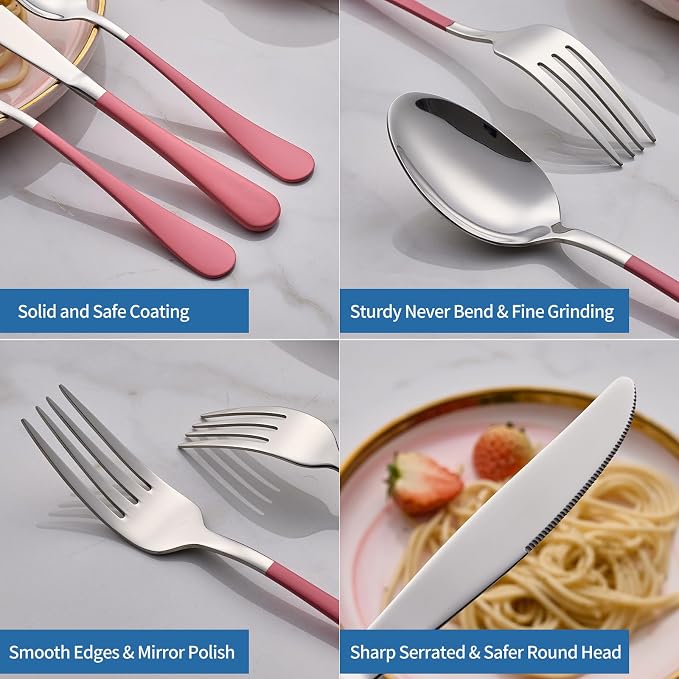 20-Piece pink Silverware Set, 18/0 Stainless Steel pink Handle Flatware Set, Service for 4, Modern Cutlery Set Includes Dinner Knives Forks Spoons, Mirror Polished, Dishwasher Safe