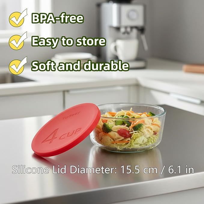 Yodecy Silicone Bowl Lids fit Pyrex Glass Bowls 7201-PC 4 Cup, Yodecy Silicone Bowl Lids fit Anchor Hocking Glass Bowls 7201-PC 4 Cup,Replacement Lids(2 Pack Red)