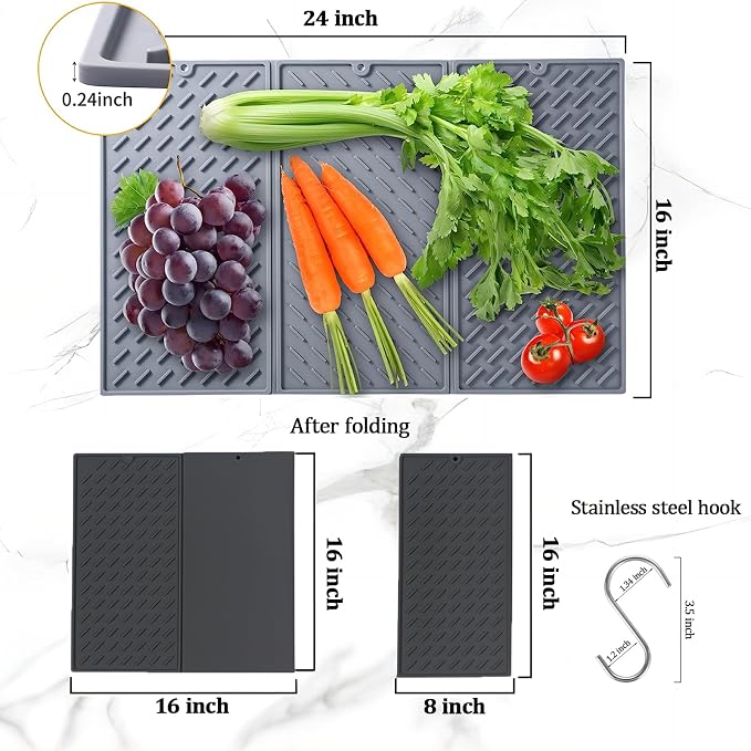 Collapsible Dish Drying Mat, Silicone Drying Mat for Kitchen Counter, Dish Drying Pad with Hook, 24x16in Non-Slip Silicone Dish Drying Mat, Easy to Clean (Translucent)