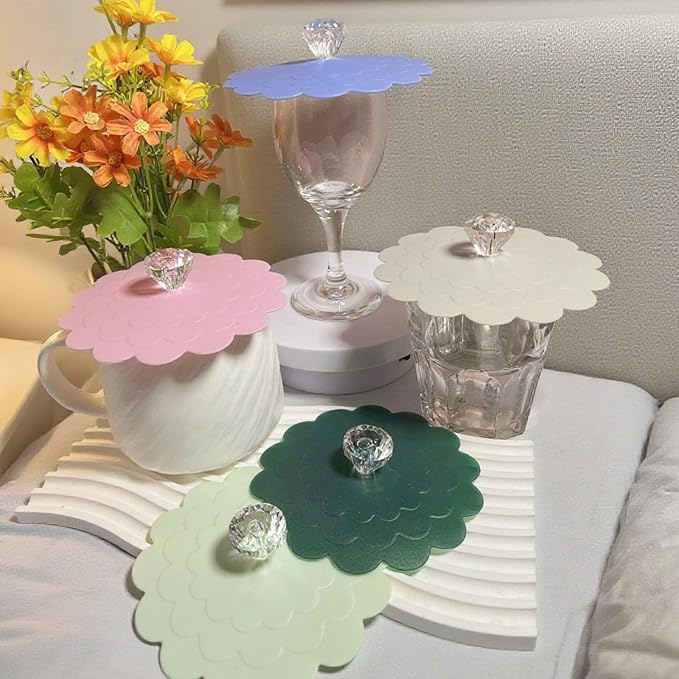 flower Silicone Cup Covers (Set of 5), Multicolored Silicone Lids for Mugs, Cups, Flexible Mug Covers, Tea Pots, Hot Cup Lids for Coffee & Tea (Style C)