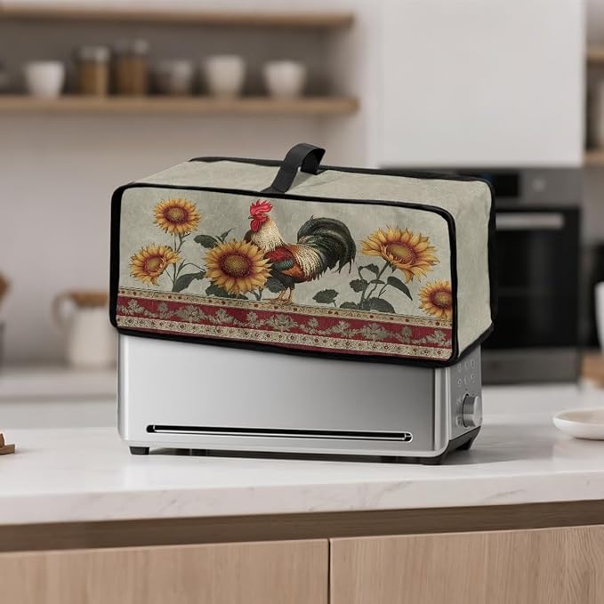 ZDCUSTOM Sunflower Rooster Printed 2 Slice Slim Toaster Cover with Top Handle Foldable Machine Washable Long Slot Slim Dust Covers for Most Toasters Small Appliance Cover for Kitchen Decor