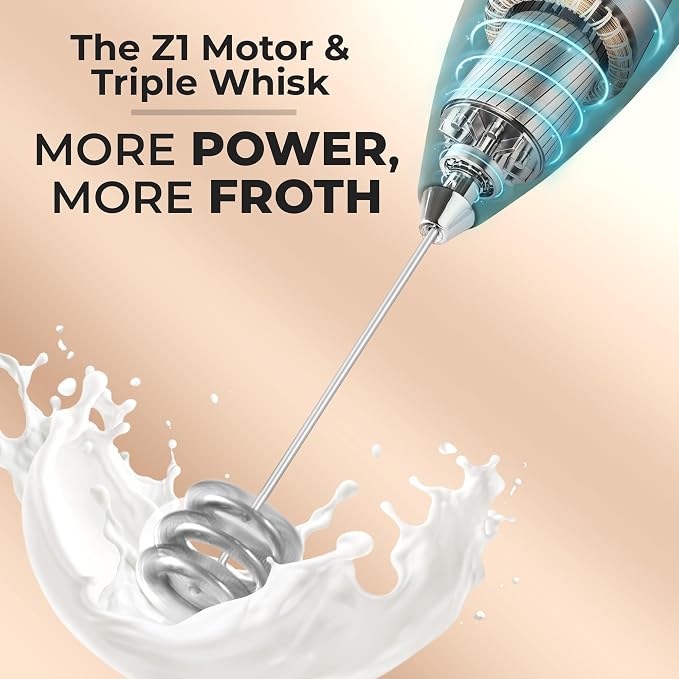 Zulay Kitchen Powerful Milk Frother Wand With Duracell Batteries - Ultra Fast Handheld Drink Mixer - Electric Whisk Foam Maker for Coffee, Lattes, Cappuccino & Matcha - Triple Whisk - Reign Emerald