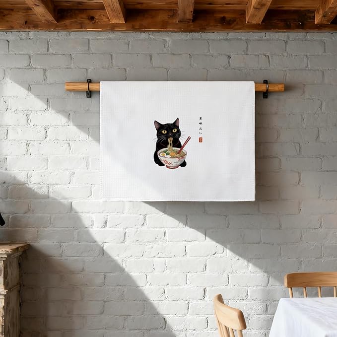 Funny Black Cat Kitchen Towel, Sushi Cat Lover Gifts Dish Towel, Japanese Ramen Noodles Sushi Black Kitty Decorative Hand Towel 16x24 Inch(B)
