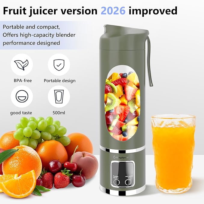 EASYSPEED Portable Blender Electric USB-C, 500ML Personal Juicer for Shakes, 1500mAh Rechargeable, 12 Blades,BPA Free, 18oz Small Blender with Leakproof Lid & Sip Spout, Mixing, Compact,Green
