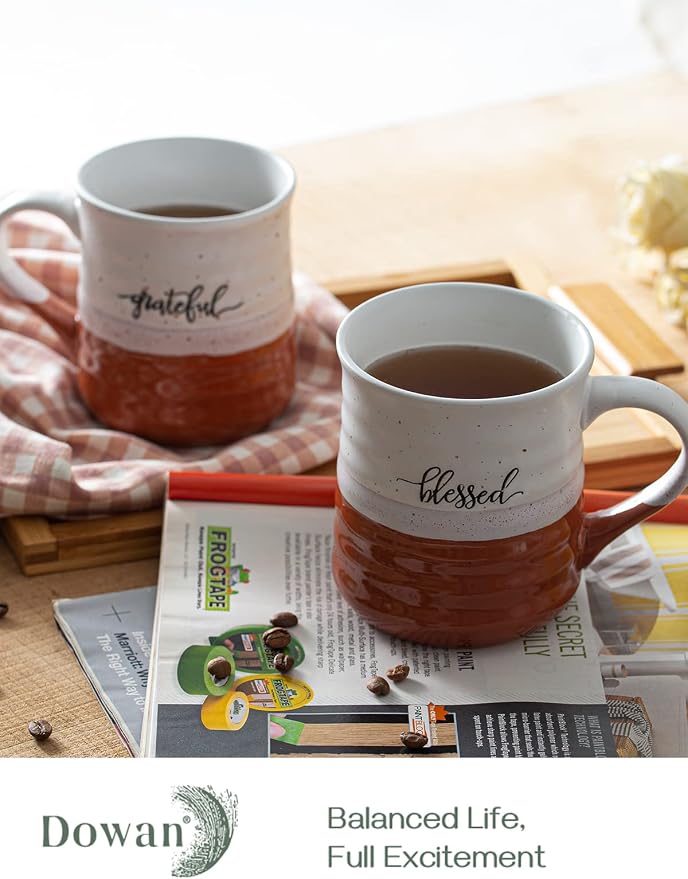 DOWAN 18 oz Large Coffee Mugs, Ceramic Mug Set with Word Blessed Grateful, Big Tea Cup for Office & Home, Thank You Gift for Women Men Mom Dad Christian, 2 Pcs