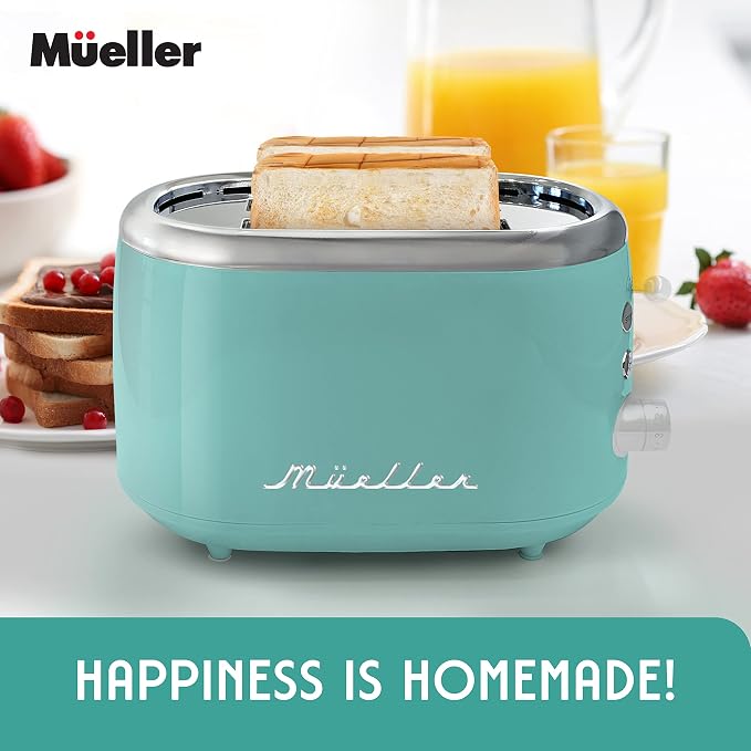 MUELLER HOME Retro Toaster 2 Slice, 7 Browning Levels | 3 Functions (Reheat, Defrost, Cancel), Stainless Steel Features, Removable Crumb Tray, Under Base Cord Storage, Turquoise