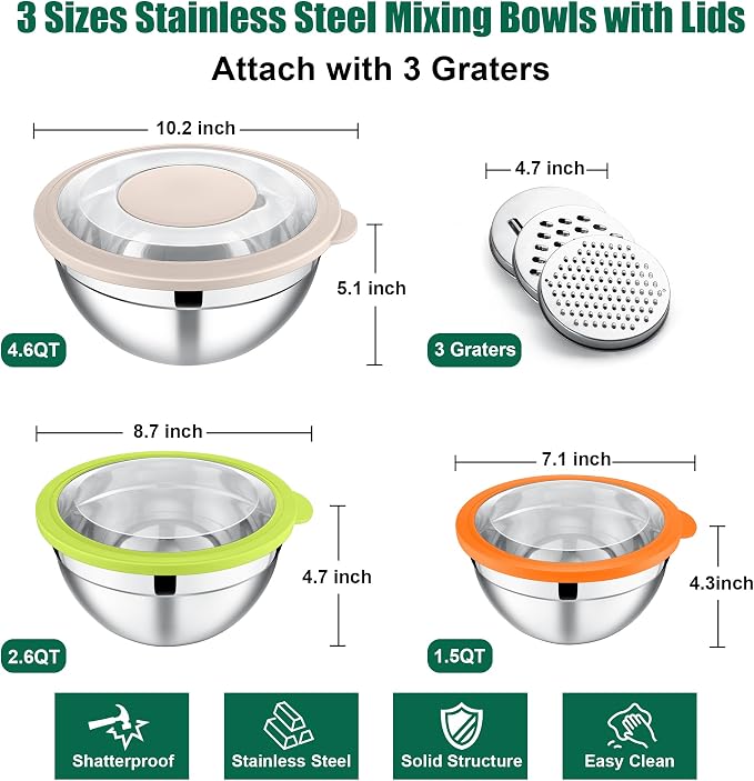 E-far Mixing Bowls with Lids and Graters, Stainless Steel Salad Mixing Bowl with Transparent Lid Set of 3, Metal Nesting Salad Storage for Kitchen Prepping/Serving/Baking, 4.6/2.6/1.5QT - Colorful