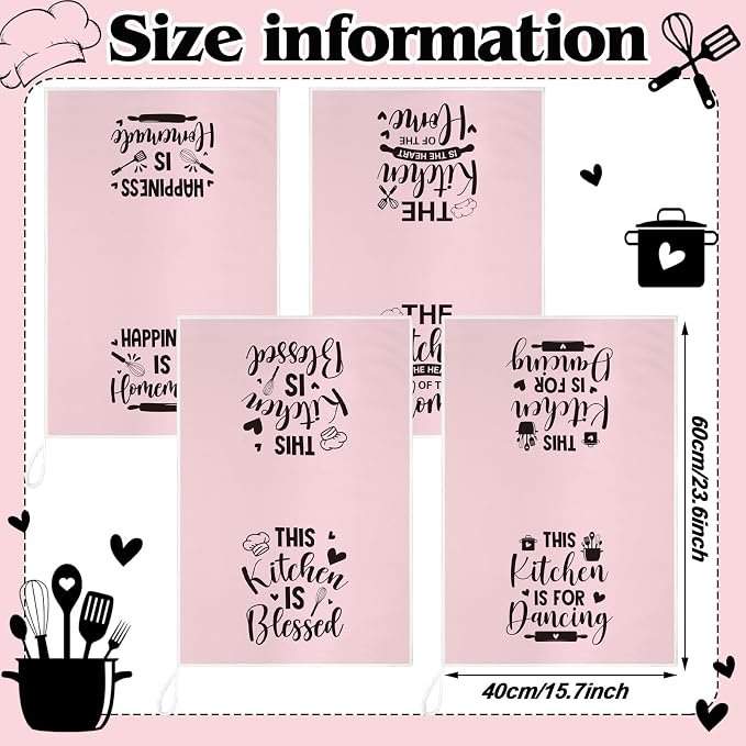 4 Pcs Pink Kitchen Towels Happiness Hand Tea Towels | Absorbent Heart of The Home Quote Decorative Dishcloths with Hanging Loop for Home Housewarming Gift Funny Kitchen Decor
