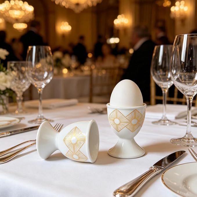 Cinf Ceramic Egg Cups, Set of 2, Art Deco Boiled Egg Holders for Breakfast | Set of 2 ceramic egg cups, classic white design, easy to clean, ideal for boiled eggs, breakfast serving and holiday gifting
