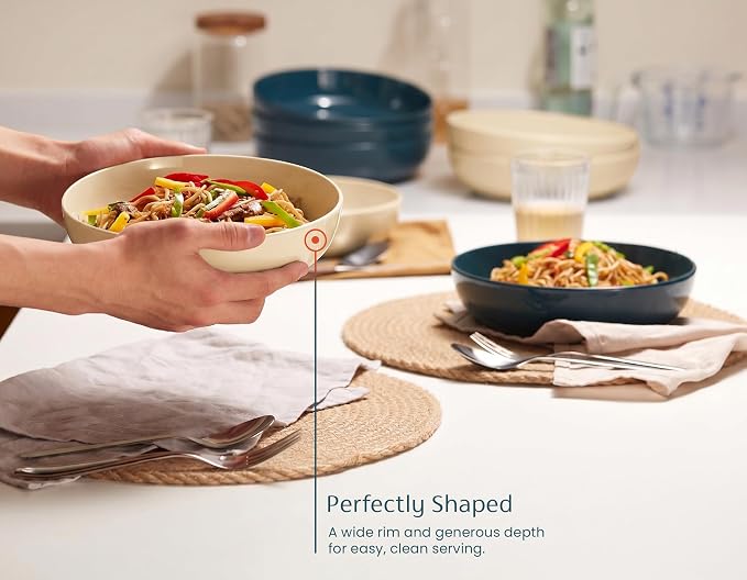 KooK Porcelain Pasta Bowl Set, For Soups and Salads, Serving Bowls, Large Capacity, Microwave & Dishwasher Safe, Set of 4, 40 oz, Ivory