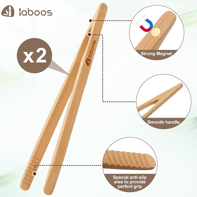 Magnetic Classic Bamboo Toast Tongs - Wood Cooking Tong,Ideal for Toaster,Fruits, Bread & Pickles, Kitchen Utensil for Cheese Bacon Muffin,Small Mini Tongs For Cooking - 8" Long | Set of 2