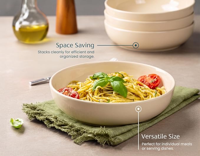 KooK Porcelain Pasta Bowl Set, For Soups and Salads, Serving Bowls, Large Capacity, Microwave & Dishwasher Safe, Set of 4, 40 oz, Ivory