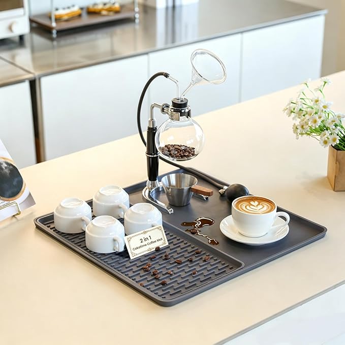 Caketime 2 In 1 Silicone Coffee Bar Mat Accessories Detachable Dish Drying Rug Rack Stone for Kitchen Countertop Under Sink Home House Apartment Office Essentials Espresso Machine Must Have