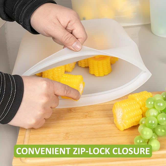 100% Silicone Reusable Storage Bag, 9 Pack Stand-Up Wide-Mouth Zip-Lock Food Storage Bags, Easy-Fill Easy-Open Easy-Clean Space-Saving, Microwave & Dishwasher Safe, Gallon/Sandwich/Snack, Translucent