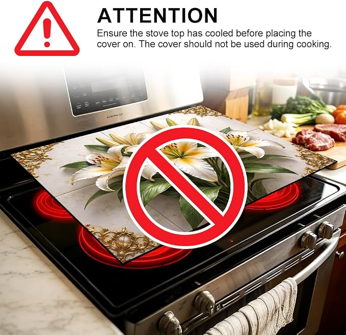 White Lily Bouquet Gold Baroque Stove Top Cover 28.35x20.47in | White lily bouquet gold baroque stove top cover 28.35x20.47 in; elegant floral cooktop mat dishwasher safe machine washable