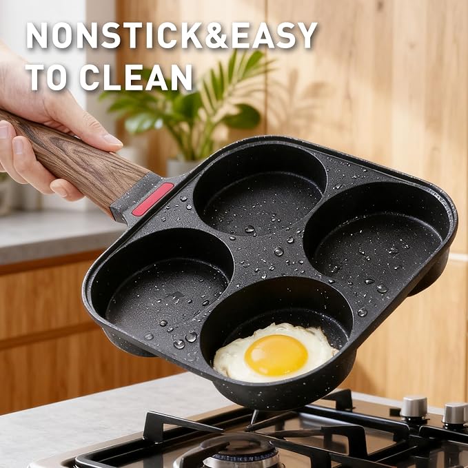 4 Cup Egg Pan with Lid, Nonstick Fried Egg Skillet for Breakfast, Black | Aluminum Non Stick, Bakelite Handle, For Pancake, Burger, Sandwiches, Suitable For Gas Stove & Induction Cooktop