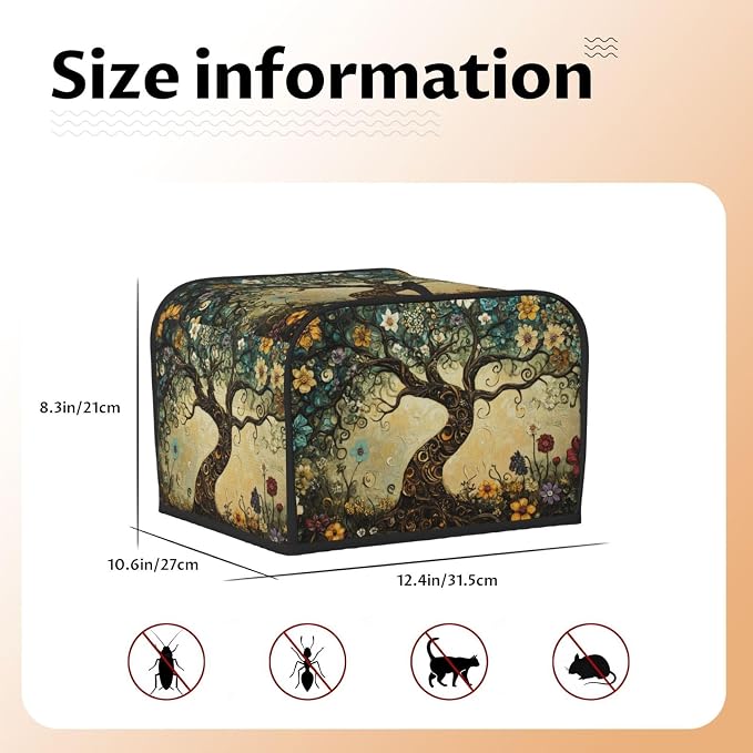 4 Slice Toaster Cover Whimsical Tree Flower Dust Proof Washable Kitchen Appliance Cover with Pocket, Oxford Fabric Countertop Toaster Protector for Standard Toasters Small Appliances