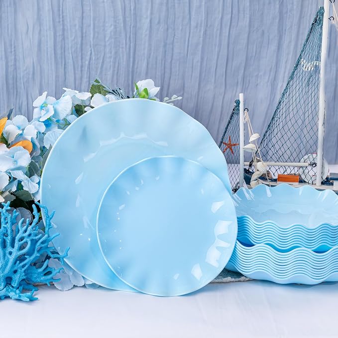 LIYH 24 Pcs Blue Plastic Plates Reusable - Unbreakable Light Blue Scalloped Plates,Dishwasher Safe Camping Plate for Parties,Birthday,Picnics,BPA Free (12Guests)