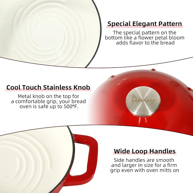 Davivy Enameled Cast Iron Sourdough Dutch Oven, 5QT Dutch Oven for Sourdough Bread, Round Cast Iron Bread Pan Bread Cloche - Cherry Red